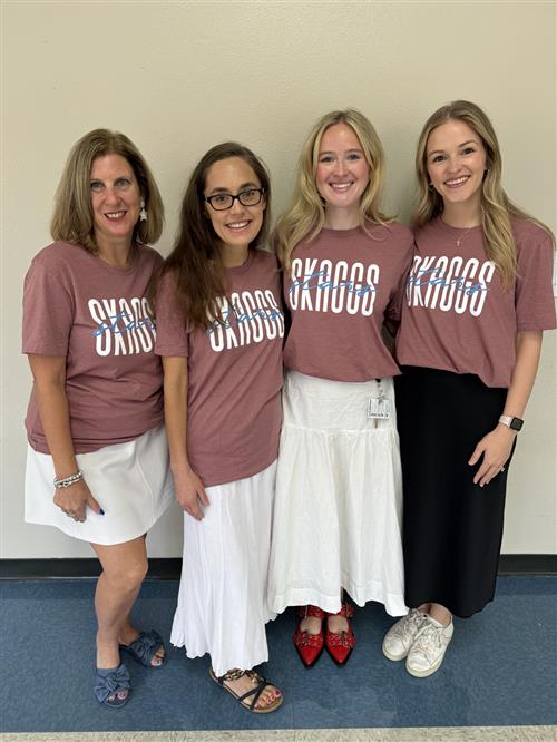 The Skaggs 5th grade team smiling and wearing their Skaggs spirit shirts